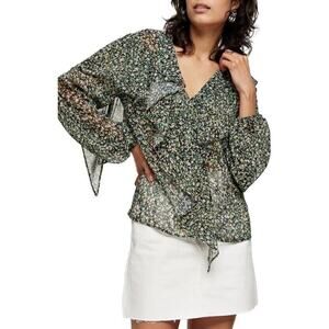Topshop Women's Grunge Ruffle Long Sleeve Blouse In Multi Size 4 MSRP $58